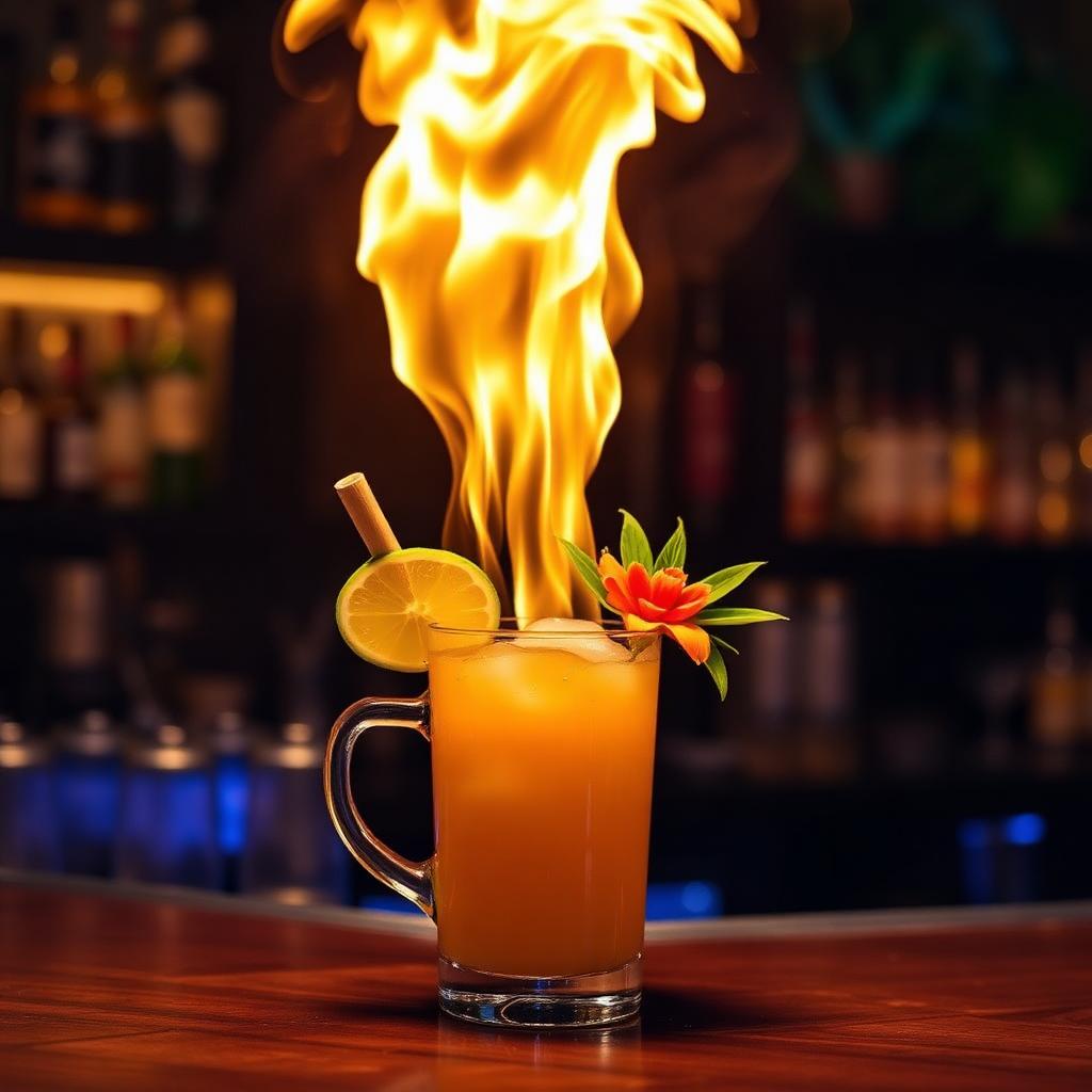 Flaming tiki cocktail in a glass mug