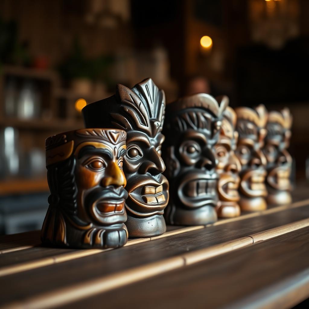 Carved tiki mugs on a bar