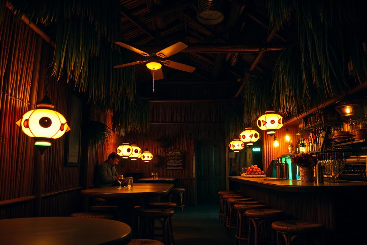 Dim vintage Polynesian bar interior with glowing pufferfish lamps